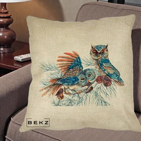 Perna Decorativa Bufnite de Iarna Albastre, 40x40 cm, Crem, Husa Detasabila, Perna Inclusa, BEKZ®