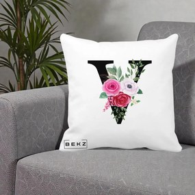 Cadou Personalizat - Perna Personalizata Monograma Florala Litera V cu Buchet, 40x40 cm, Alba Mata, Husa Detasabila, Perna Inclusa, BEKZ®