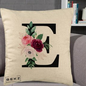 Cadou Personalizat - Perna Personalizata Monograma Florala Litera E, 40x40 cm, Bej, Husa Detasabila, Perna Inclusa, BEKZ®