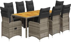 vidaXL Set bistro de grădină cu perne, 9 piese, gri, poliratan