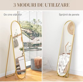 HOMCOM Oglindă Înaltă cu Cadru de Susținere, Oglindă Ovală pentru Dormitor sau Living, 40x4x160 cm, Auriu