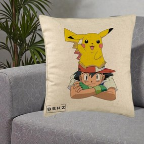 Perna Personalizata Ash si Pikachu, 40x40 cm, Bej, Husa Detasabila, Perna Inclusa, BEKZ®