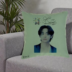Perna Personalizata K-pop BTS V Taehyung Portret cu Autograf, 40x40 cm, Verde, Husa Detasabila, Perna Inclusa, BEKZ®