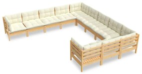 Set mobilier gradina cu perne crem, 11 piese, lemn de pin maro si crem, 1