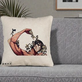Perna Personalizata Attack on Titan Eren Titan Grup, 40x40 cm, Bej Canapea, Husa Detasabila, Perna Inclusa, BEKZ®