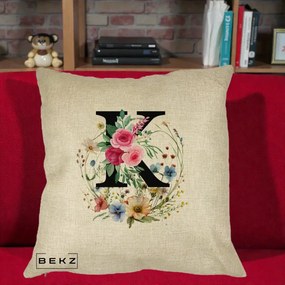 Cadou Personalizat - Perna Personalizata Monogram Litera K cu Flori Acuarela, 40x40 cm, Crem, Husa Detasabila, Perna Inclusa, BEKZ®
