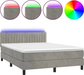 vidaXL Pat cu arcuri, saltea și LED, gri deschis, 140x200 cm, catifea