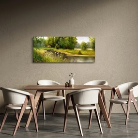 Tablou - Râu lângă pădure, pictură în ulei (120x50 cm)
