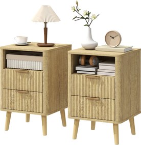 HOMCOM Set de 2 noptiere, noptiere cu 2 sertare și compartiment deschis, colțuri rotunjite, 40 x 40 x 61 cm, stejar | Aosom Romania