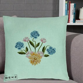 Perna Decorativa Buchet Primavara Acuarela, 40x40 cm, Verde Menta, Husa Detasabila, Perna Inclusa, BEKZ®