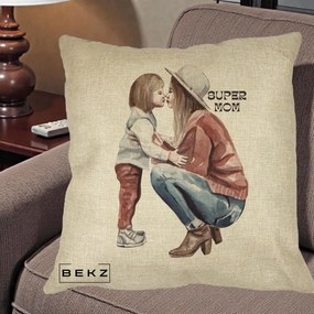 Cadou pentru Mama - Perna Personalizata Super Mom Acuarela, 40x40 cm, Crem, Husa Detasabila, Perna Inclusa, BEKZ®
