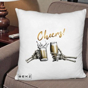 Perna Decorativa Halloween Cheers Schelete cu Bere, 40x40 cm, Alb Pufos, Husa Detasabila, Perna Inclusa, BEKZ®