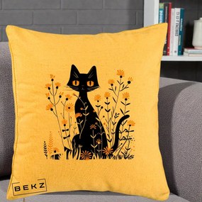 Perna Decorativa Pisica Neagra Ochi Galbeni Flori Galbene, 40x40 cm, Galben, Husa Detasabila, Perna Inclusa, BEKZ®