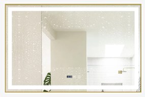 Oglindă Baie LED și Dezaburire Elit's Premium cu Senzor Touch, Lumina Rece, Caldă și Neutră, 100x80 cm, cu rama Bronz Gold Antichizat, Ceas