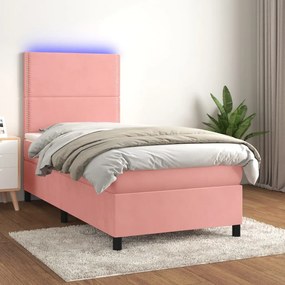 3136052 vidaXL Pat cu arcuri, saltea și LED, roz, 100x200 cm, catifea