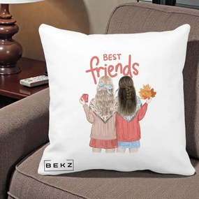 Cadou pentru Prieteni - Perna Personalizata Best Friends Toamna, 40x40 cm, Alba Mata, Husa Detasabila, Perna Inclusa, BEKZ®