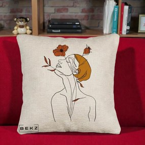 Perna Decorativa Portret Feminin Mac Privire Inalta, 40x40 cm, Bej Canapea, Husa Detasabila, Perna Inclusa, BEKZ®