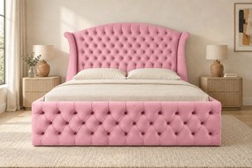 Pat tapițat Chesterfield din catifea Sorella Simple 180×200 cm, roz, cu ladă de depozitare