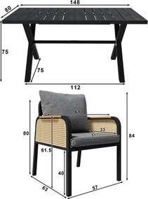 Set modern de masă pentru grădină și terasă, 6 piese, cu cadru din fier în formă de cruce, Negru+Culoare naturală
