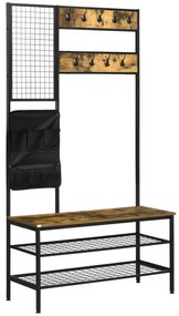 HOMCOM Garderobă în Design Industrial, 1 Tablă Mesaje, 1 Scaun, 8 Cârlige, 1 Geantă de Depozitare, Negru + Maro | Aosom Romania
