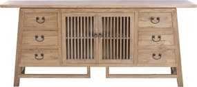 Bufet rustic din lemn reciclat, natur, cu 2 uși cu grilaj, 6 sertare și siluetă trapezoidală, 79 x 180 x 42 cm, „Joyeuse”