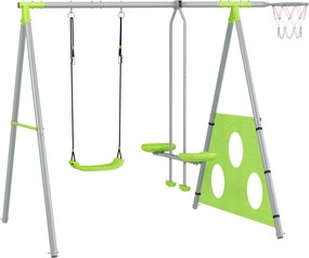 AIYAPLAY Leagăn de Grădină 4 în 1 pentru Copii cu Coș de Baschet și Poartă de Fotbal, 215x180x182 cm, Verde | Aosom Romania