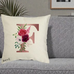 Cadou Personalizat - Perna Personalizata Monograma Rose Gold Litera F, 40x40 cm, Ecru, Husa Detasabila, Perna Inclusa, BEKZ®