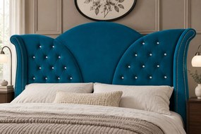 Pat tapițat Chesterfield din catifea Velora Deluxe 140×200 cm, turcoaz, cu ladă de depozitare