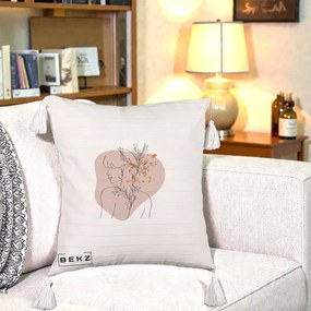 Perna Decorativa Femeie cu Flori Line Art Boho, 40x40 cm, Bej cu Franjuri, Husa Detasabila, Perna Inclusa, BEKZ®