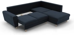 Colțar albastru închis extensibil, cu spațiu de depozitare cu tapițerie din catifea (cu colț pe partea dreaptă-în formă de ”L”) Kyoto – Cosmopolitan Design