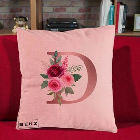 Cadou Personalizat - Perna Personalizata Monograma Rose Gold Litera D, 40x40 cm, Roz, Husa Detasabila, Perna Inclusa, BEKZ®