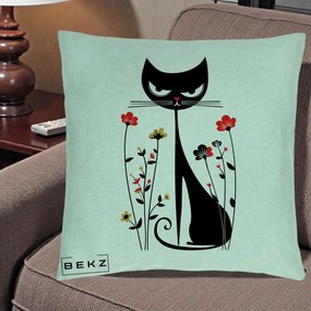 Perna Decorativa Pisica Neagra Grafica Flori Rosii, 40x40 cm, Verde Menta, Husa Detasabila, Perna Inclusa, BEKZ®