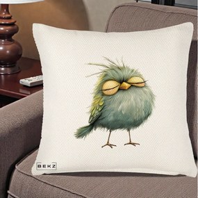 Perna Decorativa Pasare Teal Adormita cu Ochi Galbeni, 40x40 cm, Crem Reliefat, Husa Detasabila, Perna Inclusa, BEKZ®