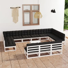 Set mobilier de gradina cu perne, 14 piese, alb, lemn masiv pin Alb, 1, Da