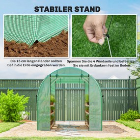 Outsunny Seră 3 x 2 x 2 m din folie cu ușă rulantă, 2 uși cu fermoar &amp; 6 ferestre cu plasă, tije de susținere, Verde | Aosom Romania