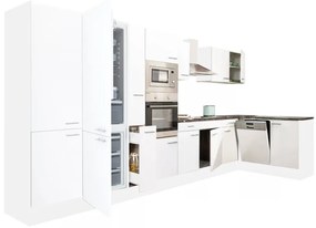 Mobilă de bucătărie de colț Yorki 430, corp alb, față alb satinat, cu frigider sub blat