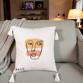 Perna Decorativa Portret Abstract Line Art Portocaliu, 40x40 cm, Bej cu Franjuri, Husa Detasabila, Perna Inclusa, BEKZ®