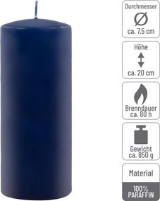 Set de lumânări pilon, 20 cm, Ø 7,5 cm, albastru, 4 buc