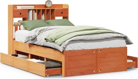 vidaXL Pat cu bibliotecă fără saltea maro 135x190 cm lemn masiv de pin