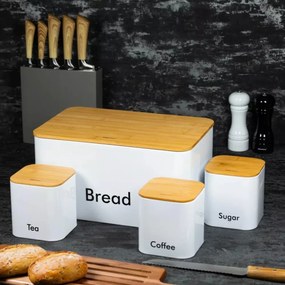 Set cutie de paine alba cu 3 recipiente otel, capace din bambus Kinghoff KH-1026