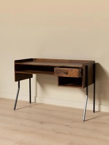 Birou vintage din lemn de mango și metal, cu blat maro antichizat, 1 sertar și picioare din metal negru, finisaj satinat, 117.5×50×80.5 cm, „Flow"