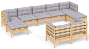 3097126 vidaXL Set mobilier de grădină cu perne gri, 9 piese, lemn masiv pin