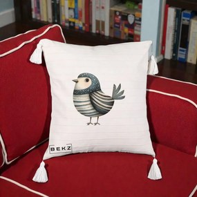 Perna Decorativa Pasare Teal Decorativa Dungata, 40x40 cm, Bej cu Franjuri, Husa Detasabila, Perna Inclusa, BEKZ®