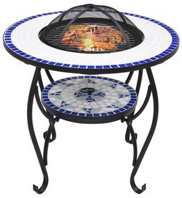 Masa cu vatra de foc, mozaic, albastru si alb, 68 cm, ceramica Albastru