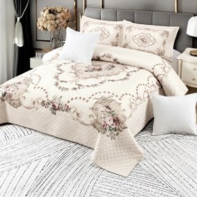 Cuvertură catifea matlasată, crem cu model floral, 5 piese, 230 x 250 cm