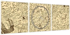 Tablou - Harta de epocă, ilustrații (cu ceas) (90x30 cm)