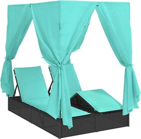 vidaXL Șezlong dublu cu perdele Turcoaz 205 x 129 x 200 cm poliratan