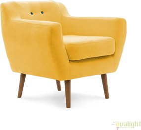 Fotoliu LUX elegant si confortabil cu picioare stejar si tapiterie galbena, Kelly 1 stejar/ galben