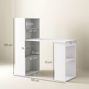 Birou alb modern cu biblioteca cu 6 rafturi din PAL,120x55x120cm HOMCOM | Aosom Romania