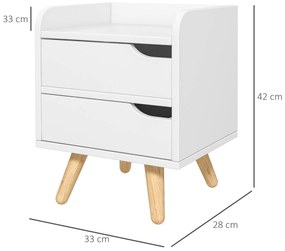 Noptiera alba cu 2 sertare extemsibilie, picioare din pin, mobila pentru casa,33x28x42cm HOMCOM | Aosom RO